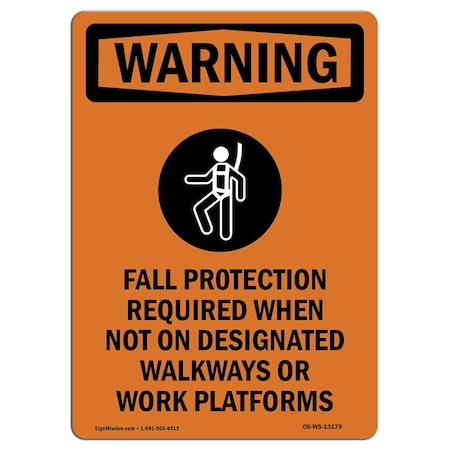 Signmission OSHA WARNING Sign, Fall Protection Required W/ Symbol, 24in X 18in Decal, 18" W, 24" H, Portrait OS-WS-D-1824-V-13179